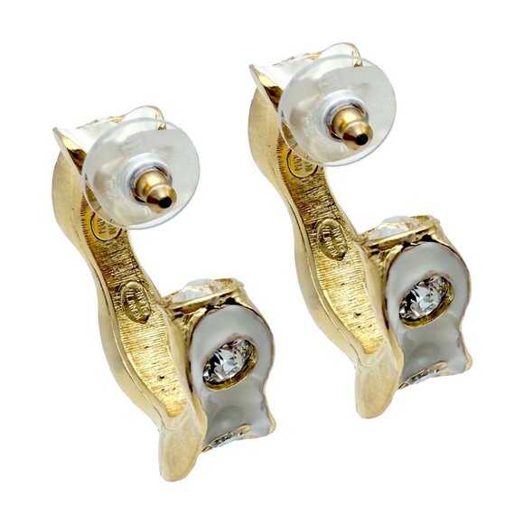 Kenneth Jay Lane 22k Gold Plated White Enamel Hoop Earrings with Crystals - Picture 4 of 9